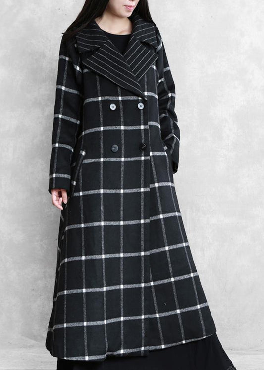 boutique black plaid wool coat for woman Loose fitting Notched tie waist Winter coat - SooLinen