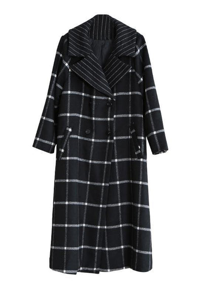 boutique black plaid wool coat for woman Loose fitting Notched tie waist Winter coat - SooLinen