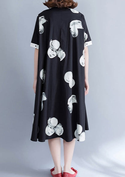 Boutique Schwarzes Print-Kleid aus reinem Chiffon, Oversize-Chiffon-Kleidung, feines Chiffon-Hemdkleid mit großem Saum und Reverskragen