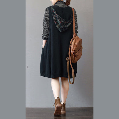 Boutique schwarze Kleider aus reiner Baumwolle in Übergröße, Urlaubskleider mit Kapuze, lässig, ärmellos, Baumwollkleidung
