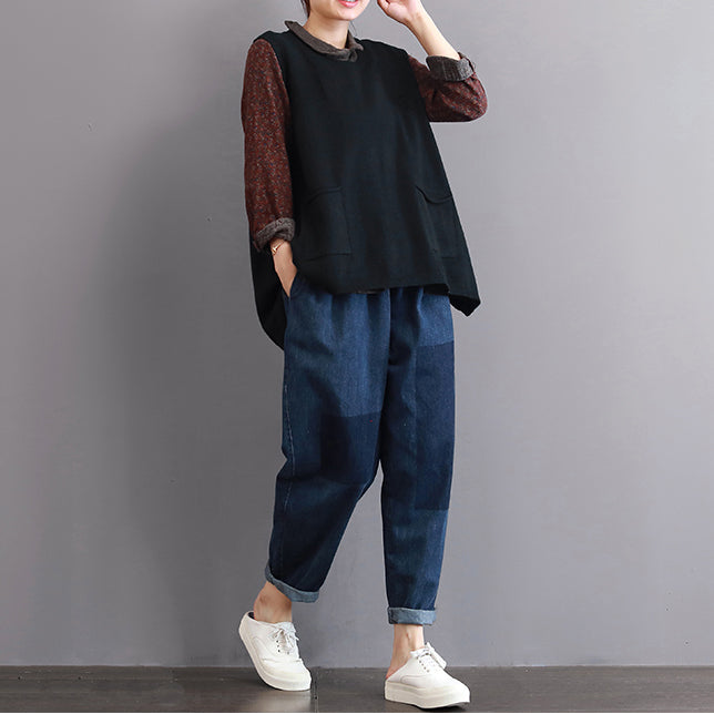 Boutique schwarze Pullover Plus Size Pullover mit großen Taschen 2018 ärmelloses Hemd