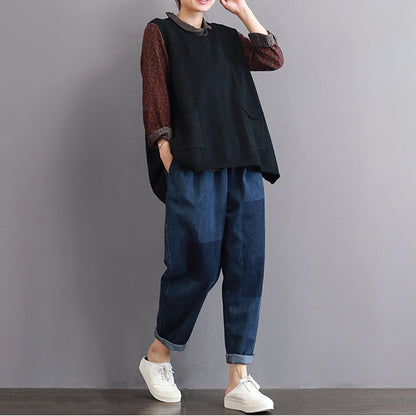 Boutique schwarze Pullover Plus Size Pullover mit großen Taschen 2018 ärmelloses Hemd