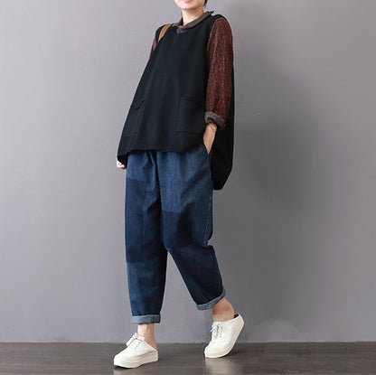 Boutique schwarze Pullover Plus Size Pullover mit großen Taschen 2018 ärmelloses Hemd