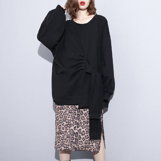 Boutique schwarz t-shirt plus größe kleidung O neck Cinched t shirts Neue krawatte taille asymmetrische natürliche pullover