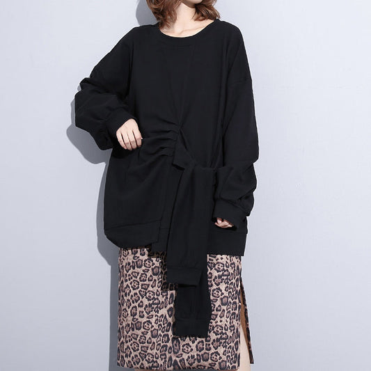 Boutique schwarz t-shirt plus größe kleidung O neck Cinched t shirts Neue krawatte taille asymmetrische natürliche pullover