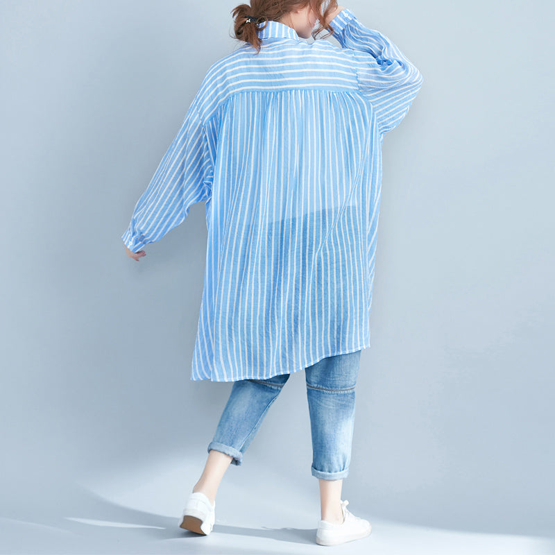 Boutique blaues Etuikleid aus Baumwolle Plus Size Baumwollkleidung Kleider Neues gestreiftes Hemdkleid mit Reverskragen