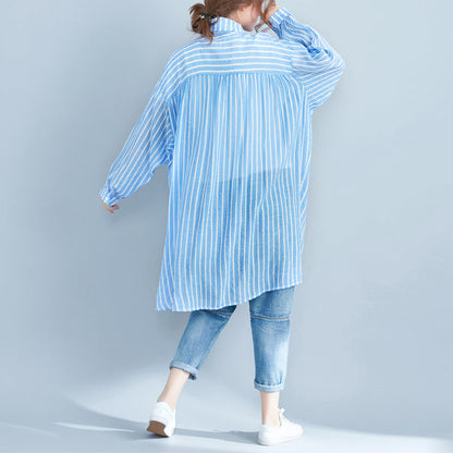 Boutique blaues Etuikleid aus Baumwolle Plus Size Baumwollkleidung Kleider Neues gestreiftes Hemdkleid mit Reverskragen
