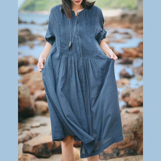 Boutique blaugraue Leinenkaftane Locker sitzendes O-Ausschnitt-Leinenkleidungskleid feine Dreiviertelärmel große Saumkleider
