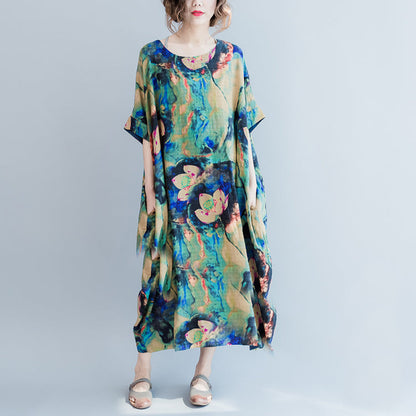 Boutique blaue Drucke lange Leinenkleider Locker sitzendes Leinenkleid mit O-Ausschnitt für Damen Kurzarm-Leinenkaftane