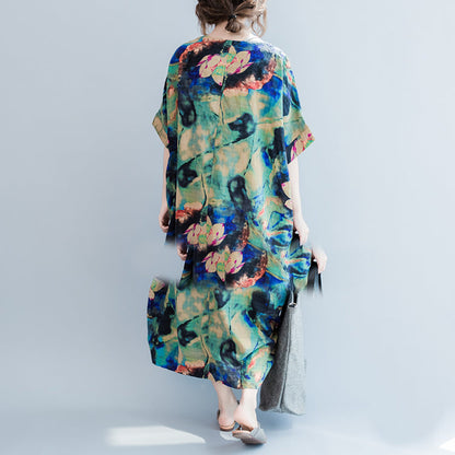 Boutique blaue Drucke lange Leinenkleider Locker sitzendes Leinenkleid mit O-Ausschnitt für Damen Kurzarm-Leinenkaftane