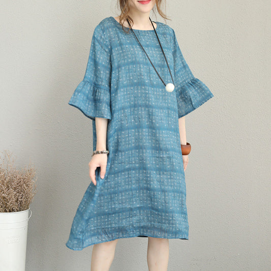 Boutique-blaue Kleider aus reinem Leinen, trendiges Maxikleid aus Leinen in Übergröße, elegante Leinenkleider mit Rundhalsausschnitt und ausgestellten Ärmeln