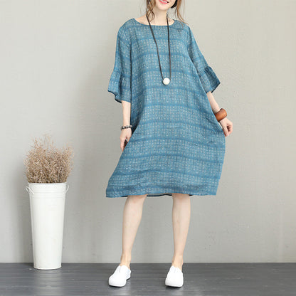 Boutique-blaue Kleider aus reinem Leinen, trendiges Maxikleid aus Leinen in Übergröße, elegante Leinenkleider mit Rundhalsausschnitt und ausgestellten Ärmeln