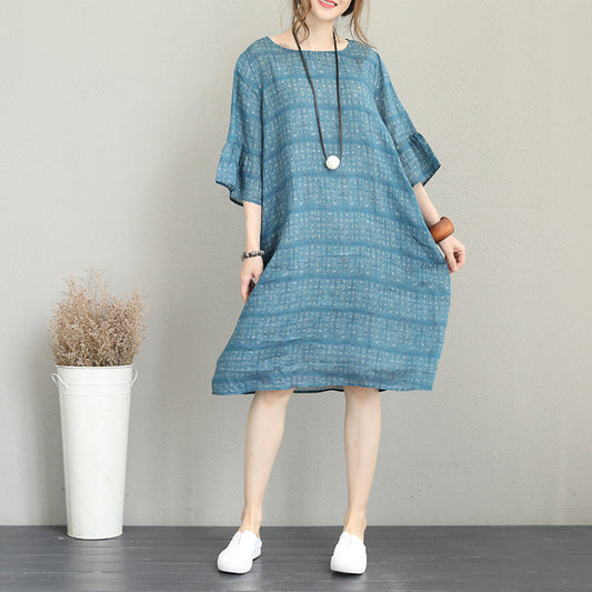 Boutique-blaue Kleider aus reinem Leinen, trendiges Maxikleid aus Leinen in Übergröße, elegante Leinenkleider mit Rundhalsausschnitt und ausgestellten Ärmeln