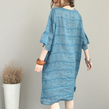 Boutique-blaue Kleider aus reinem Leinen, trendiges Maxikleid aus Leinen in Übergröße, elegante Leinenkleider mit Rundhalsausschnitt und ausgestellten Ärmeln