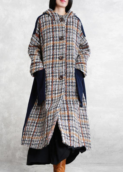 boutique casual long winter coat blue plaid patchwork hooded wool overcoat - SooLinen