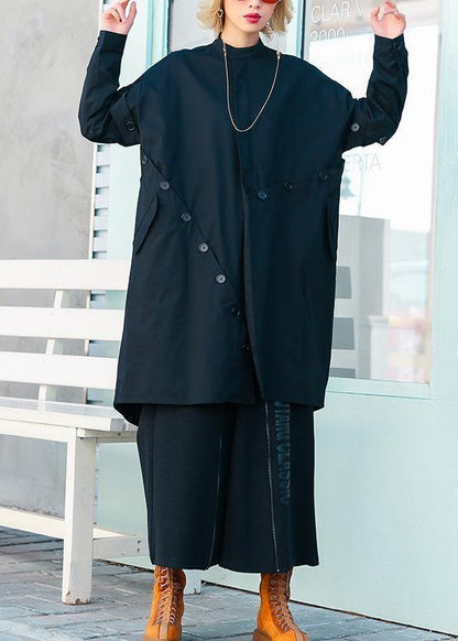 boutique casual medium length stand collar women coats black asymmetric coats - SooLinen