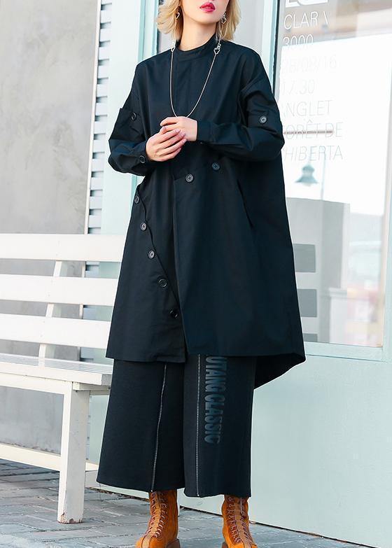 boutique casual medium length stand collar women coats black asymmetric coats - SooLinen