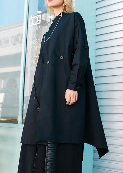 boutique casual medium length stand collar women coats black asymmetric coats - SooLinen