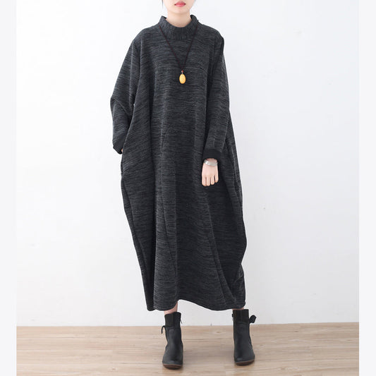 Boutique dunkelgraue Strickkleider Locker sitzendes asymmetrisches Pullover-Vintage-Kleid mit hohem Hals