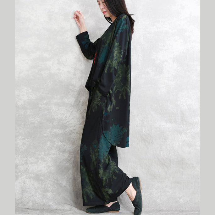 Boutique-Zweiteiler aus floralem Baumwollgemisch, übergroße Maxi-T-Shirts, feine, langärmlige, asymmetrische Oberteile mit Rundhalsausschnitt und Taschen, Baggy-Hose aus Baumwollgemisch