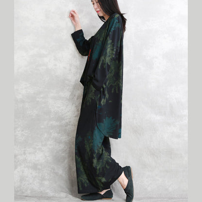 Boutique-Zweiteiler aus floralem Baumwollgemisch, übergroße Maxi-T-Shirts, feine, langärmlige, asymmetrische Oberteile mit Rundhalsausschnitt und Taschen, Baggy-Hose aus Baumwollgemisch