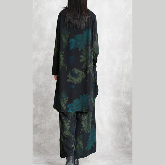 Boutique-Zweiteiler aus floralem Baumwollgemisch, übergroße Maxi-T-Shirts, feine, langärmlige, asymmetrische Oberteile mit Rundhalsausschnitt und Taschen, Baggy-Hose aus Baumwollgemisch