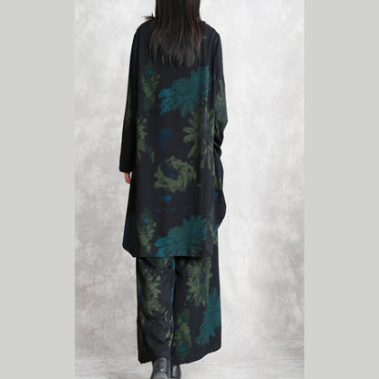 Boutique-Zweiteiler aus floralem Baumwollgemisch, übergroße Maxi-T-Shirts, feine, langärmlige, asymmetrische Oberteile mit Rundhalsausschnitt und Taschen, Baggy-Hose aus Baumwollgemisch