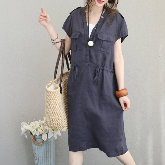Boutique grau blau Midi Leinenkleider Oversize Reisekleid Vintage Kurzarm V-Ausschnitt Krawatte Taille Natur Leinenkleid