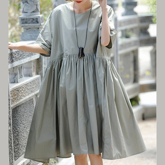 Boutique grau baumwolle casual urlaub kleider Neue kurzarm Cinched O neck baggy kleider