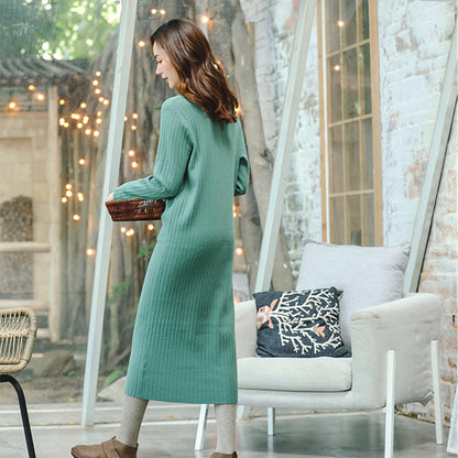 Boutique grüne Strickkleider in Übergröße, V-Ausschnitt, lange Strickpullover, 2018, quadratischer Kragen, Taschen, Winterkleider