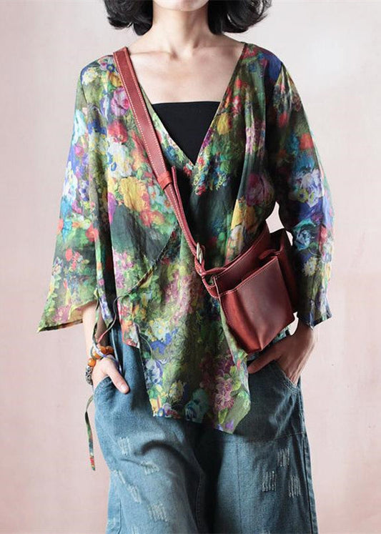 Boutique-Bluse aus reinem Leinen in Grün, locker sitzende Reisebluse 2018, Leinenhemden mit halben Ärmeln und V-Ausschnitt