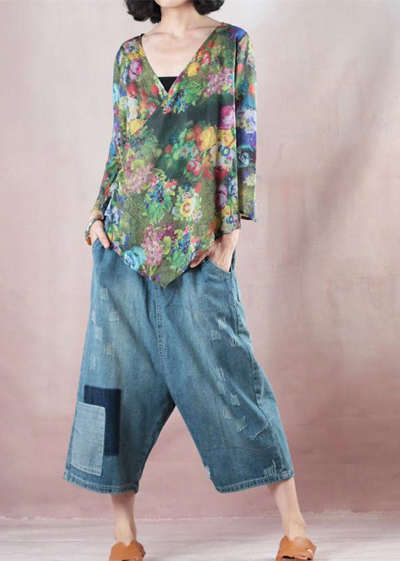 Boutique-Bluse aus reinem Leinen in Grün, locker sitzende Reisebluse 2018, Leinenhemden mit halben Ärmeln und V-Ausschnitt