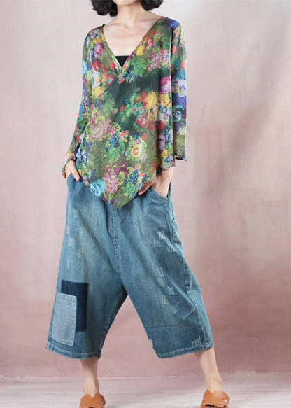 Boutique-Bluse aus reinem Leinen in Grün, locker sitzende Reisebluse 2018, Leinenhemden mit halben Ärmeln und V-Ausschnitt