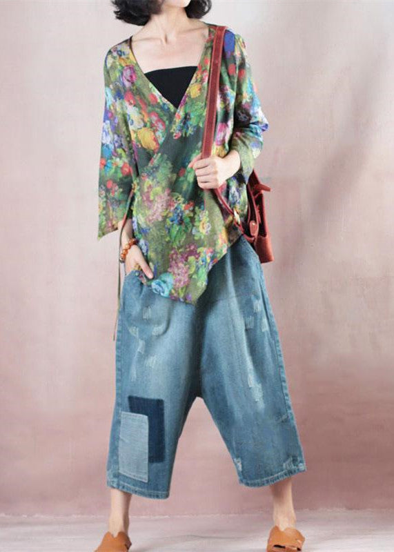 Boutique-Bluse aus reinem Leinen in Grün, locker sitzende Reisebluse 2018, Leinenhemden mit halben Ärmeln und V-Ausschnitt