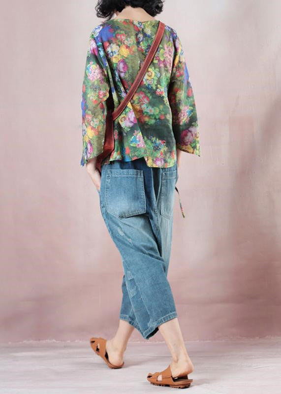 Boutique-Bluse aus reinem Leinen in Grün, locker sitzende Reisebluse 2018, Leinenhemden mit halben Ärmeln und V-Ausschnitt