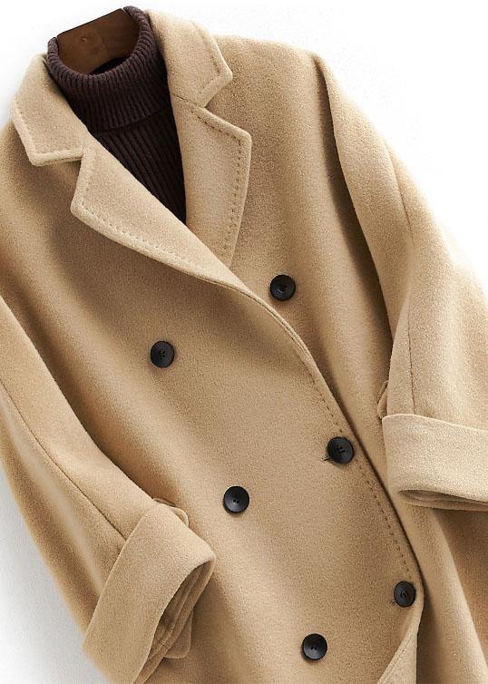 boutique khaki Woolen Coat Women plus size long coat double breast woolen Notched outwear - SooLinen