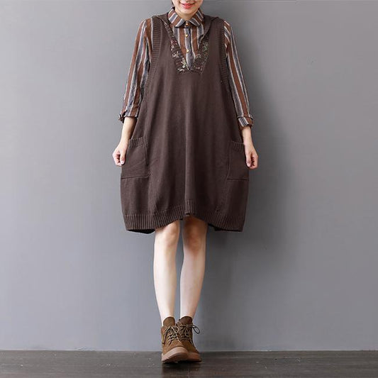 Boutique-Khaki-Strickkleid Herbstmode ärmellose Winterkleider 2018 mit Kapuze Frühlingskleider