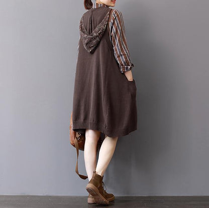 Boutique-Khaki-Strickkleid Herbstmode ärmellose Winterkleider 2018 mit Kapuze Frühlingskleider