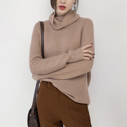 Boutique-Strickpullover in Khaki, Pullover mit hohem Kragen in Übergröße, feines Baggy-Oberteil