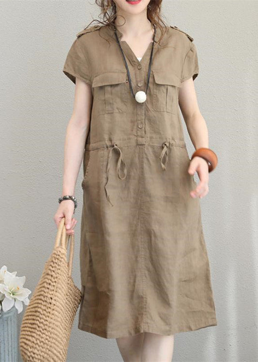 Boutique-Leinenkleider in Khaki, Leinenkleider in Übergröße, elegantes Midikleid mit V-Ausschnitt und Kordelzug