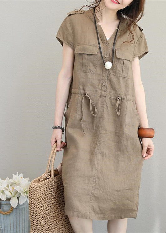 Boutique-Leinenkleider in Khaki, Leinenkleider in Übergröße, elegantes Midikleid mit V-Ausschnitt und Kordelzug