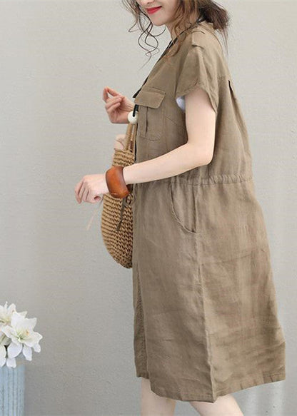 Boutique-Leinenkleider in Khaki, Leinenkleider in Übergröße, elegantes Midikleid mit V-Ausschnitt und Kordelzug