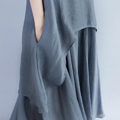 Boutique Leinenkleider Übergröße Lässiges Kurzarmkleid mit grauen Taschen und Fake-Zweiteiler