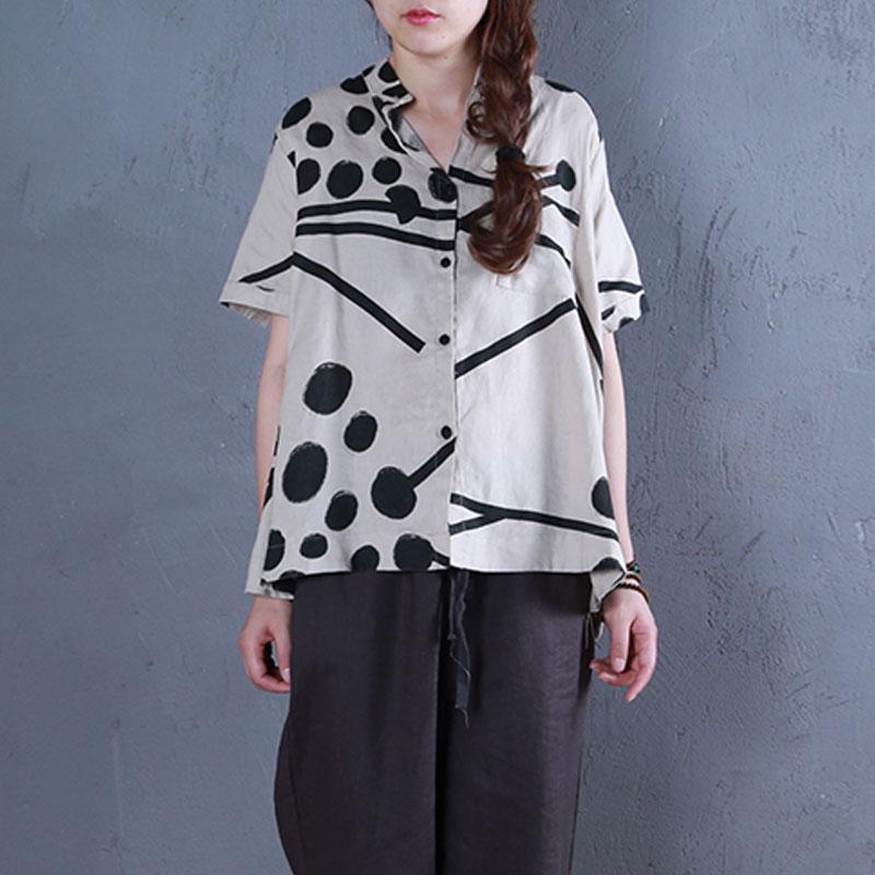 Boutique Leinen Sommer Top lässig Stehkragen bedruckte einreihige beige Bluse