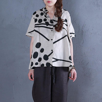 Boutique Leinen Sommer Top lässig Stehkragen bedruckte einreihige beige Bluse