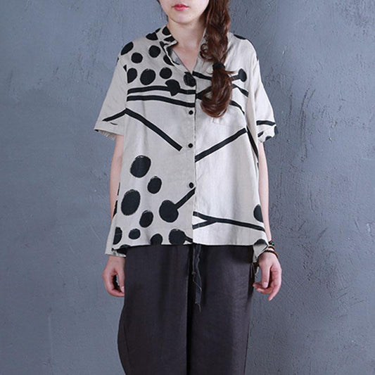 Boutique Leinen Sommer Top lässig Stehkragen bedruckte einreihige beige Bluse