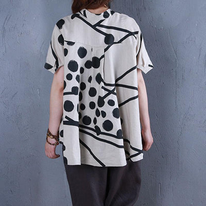 Boutique Leinen Sommer Top lässig Stehkragen bedruckte einreihige beige Bluse