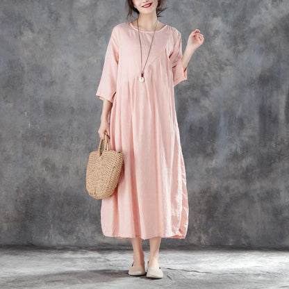 Boutique Leinen Sommerkleid übergroßes Leinen Rundhals Dreiviertelärmel Rosa Plisseekleid