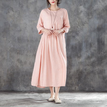 Boutique Leinen Sommerkleid übergroßes Leinen Rundhals Dreiviertelärmel Rosa Plisseekleid