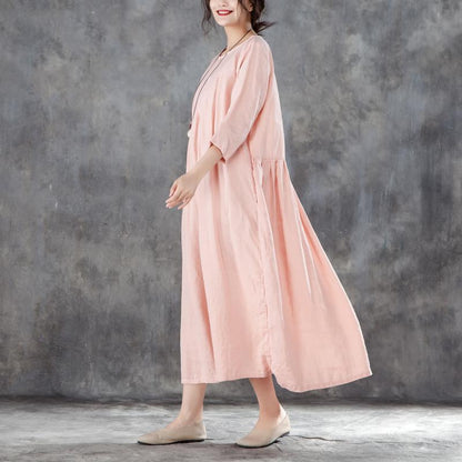 Boutique Leinen Sommerkleid übergroßes Leinen Rundhals Dreiviertelärmel Rosa Plisseekleid